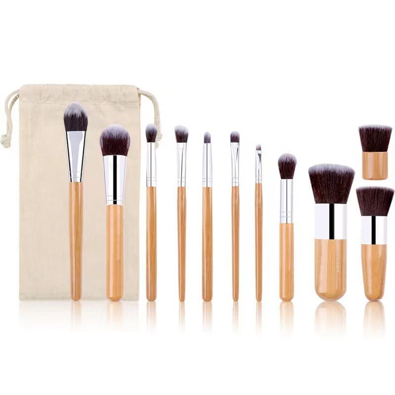 11 Piece Bamboo Handle Makeup Brush Set with Linen Storage Bag Cosmetic Tools Artificial Fiber Brushes Long Handle 3cm Bristles