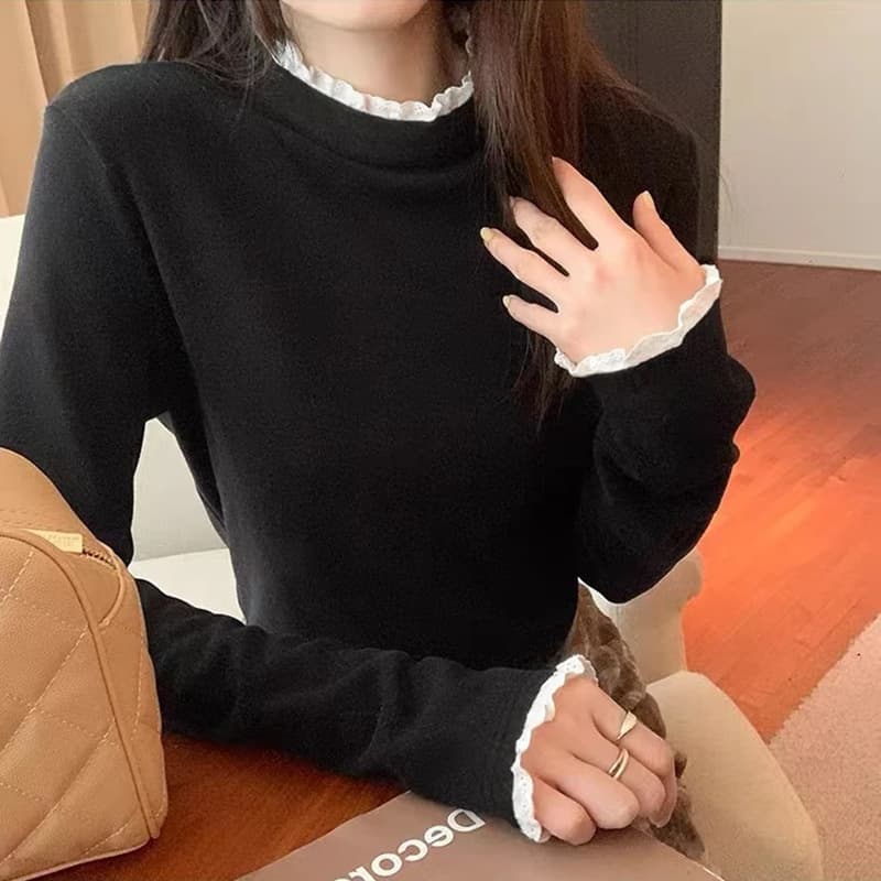 2025 autumn and winter new double-sided fleece base layer semi-high neck lace inner wear ruffle trim stylish long-sleeve T-shirt.