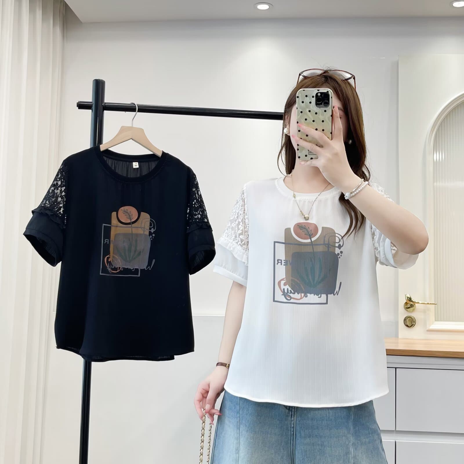 2026 summer large size T-shirt short-sleeved women's lace printed casual shirt simple and versatile fat girl slimming top 2616
