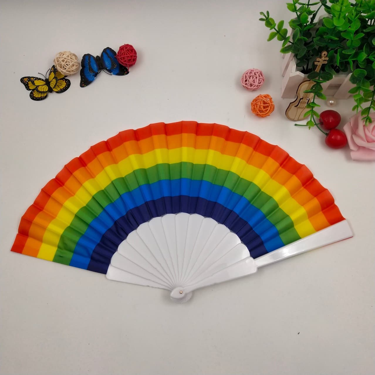 Summer Rainbow Folding Fan, Children's Dance Fan, 7-inch Cloth Surface Ancient-style Plastic Kindergarten Performance Decoration