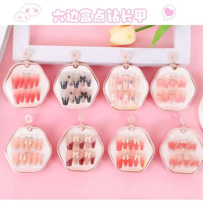 New Two-Yuan Store Wearable Fake Nails Press-On Nail Tips Manicure Stickers for Women Students Trendy Sparkling Rhinestone Bow Nail Tips