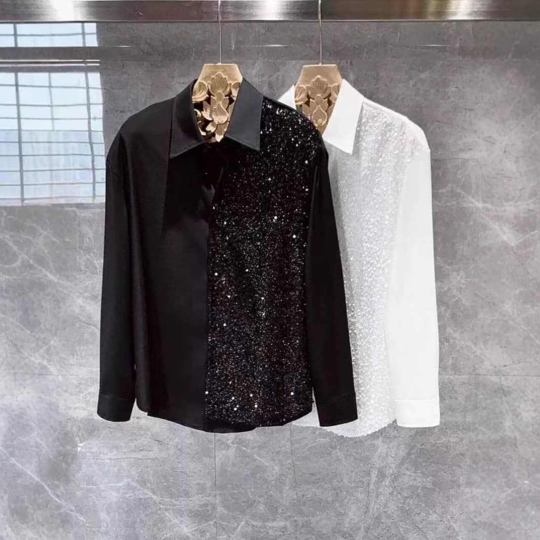Men's Loose American Style Sequin Shirt Fashionable Casual High Waist Design Polyester Fiber Short Sleeve Solid Color Spring Autumn Wear