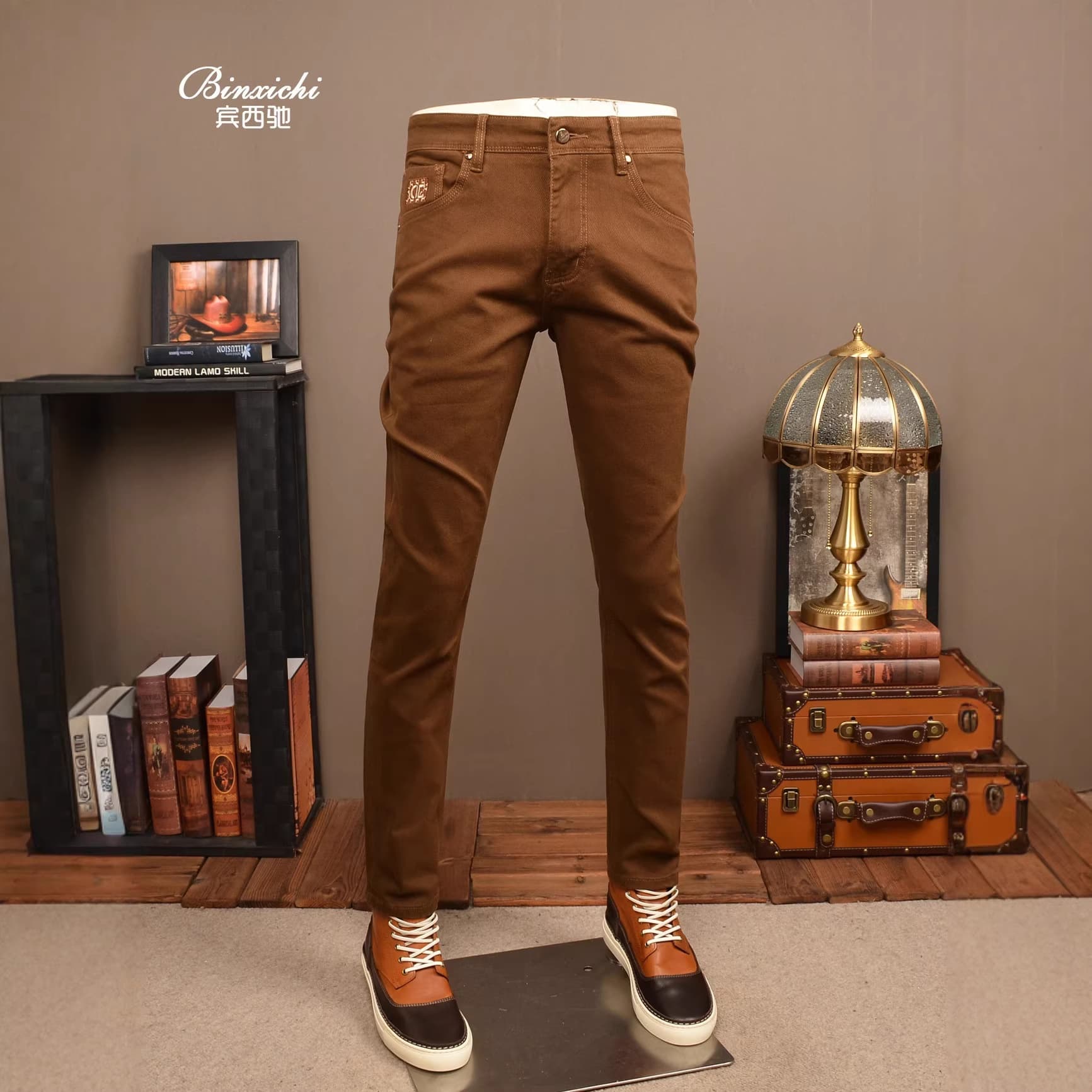 Spring Style Caramel-Colored Casual Jeans for Men, Trendy Brand, High-End, Stretchy, Slim-Fit, Straight-Leg, Washed, Thick Men's Pants