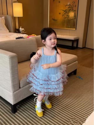 Korean style girls summer blue curved edge mesh suspender skirt princess skirt 2026 baby girl holiday style puff skirt