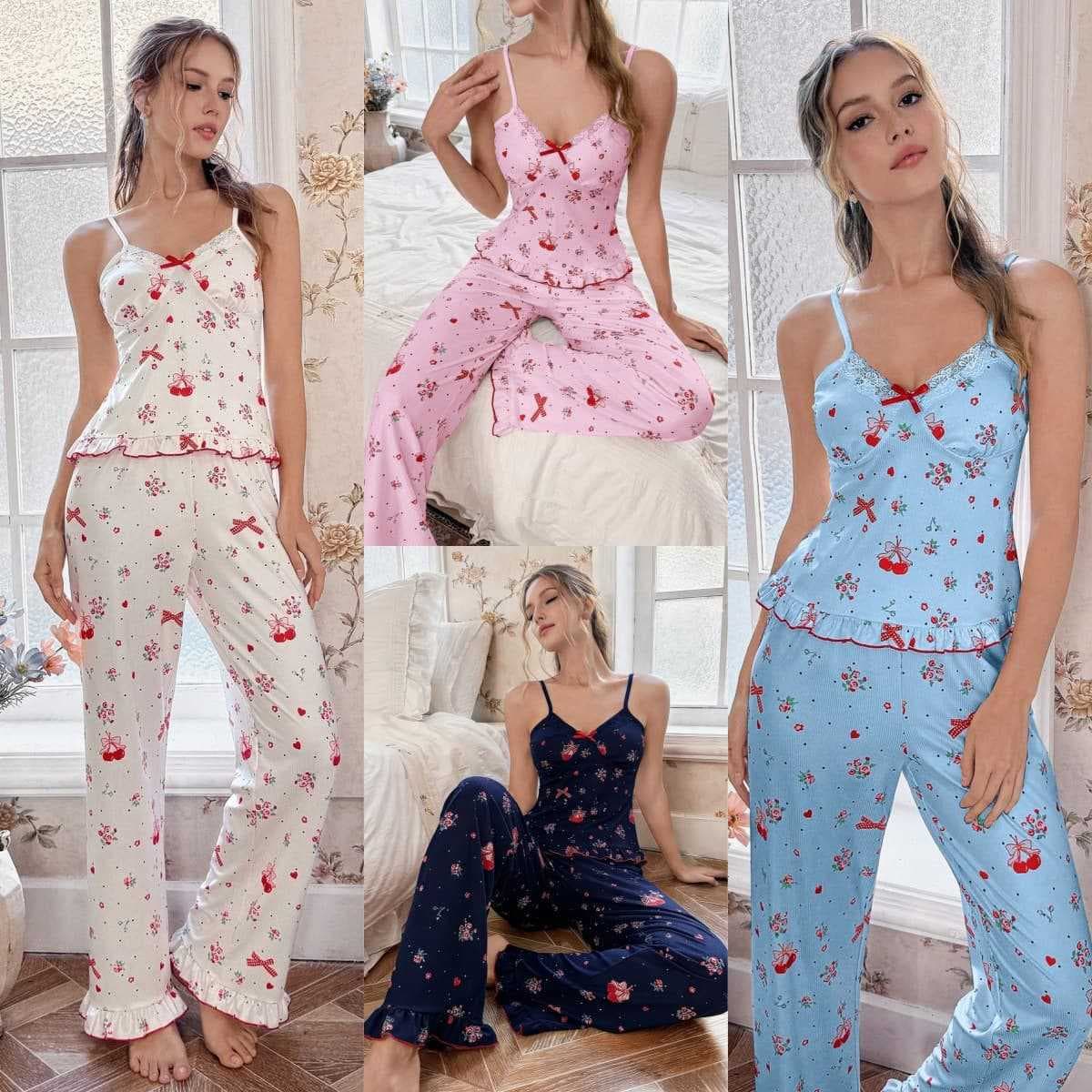 Cherry Fruit Print Pajamas for Women Summer Sweet Girl Style Lace Trim Elastic Waistband Loungewear