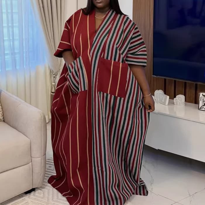 African Women's Ethnic Patchwork Dress Batwing Sleeve Pocket Patchwork Satin Bubu Long Robe Dress