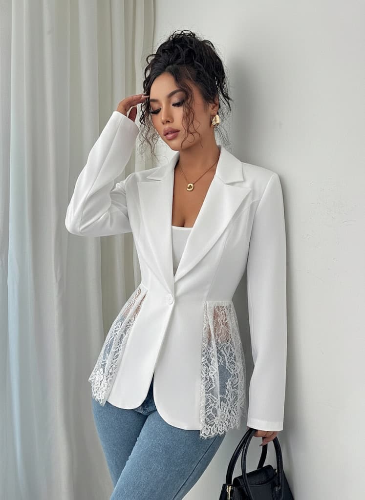 European and American Cross-border Amazon 2026 Fall New Contrast Lace Waist Slim Fit A-Line Women's Blazer