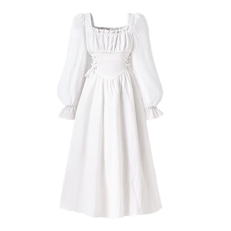 Girls Spring Autumn Mid-Large Size Square Neck Tie Back Elastic Waist Flared Sleeve Princess Dress 2026