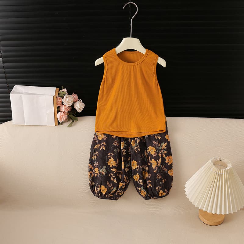 Girls Summer New Korean Chic Sleeveless Caramel Wild Gardenia Wide Shoulder Set