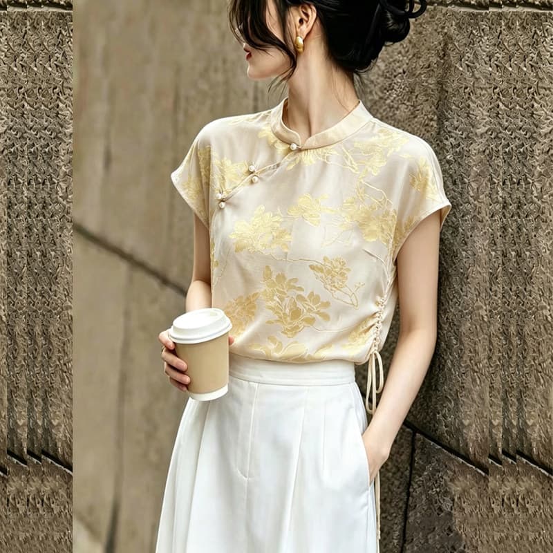 New Chinese style national style oblique-breasted jacquard flying sleeve short-sleeved shirt for women 2026 summer new style light luxury and western style small shirt trend