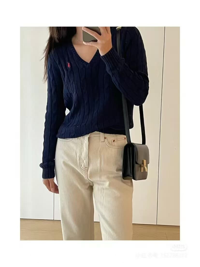 Cross-Border New Style RL Sweater with Scannable Code, Small Pony Embroidery, Cable Knit Long Sleeve, Versatile Solid Color V-Neck Women's Top
