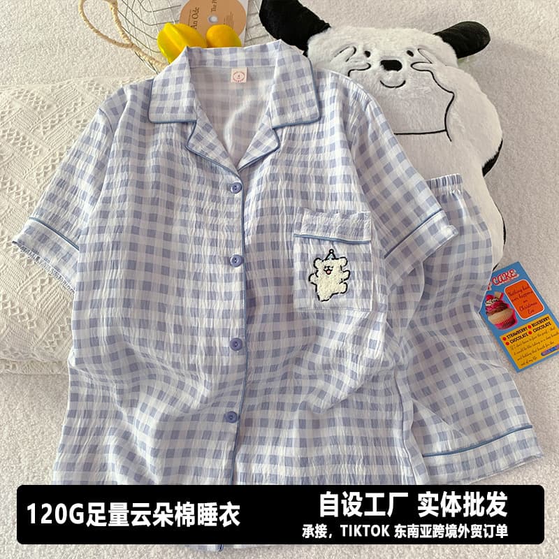 Cloud Cotton Couple Pajamas for Women, Loose Plus Size Short Sleeve Shorts Two Piece Set, Suitable for Outdoor Wear, Cartoon Embroidered Loungewear