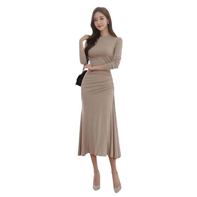 Women's Autumn New One-Shoulder Ruffle Irregular Bodycon Long Dress, Slimming and Elegant Base Dress