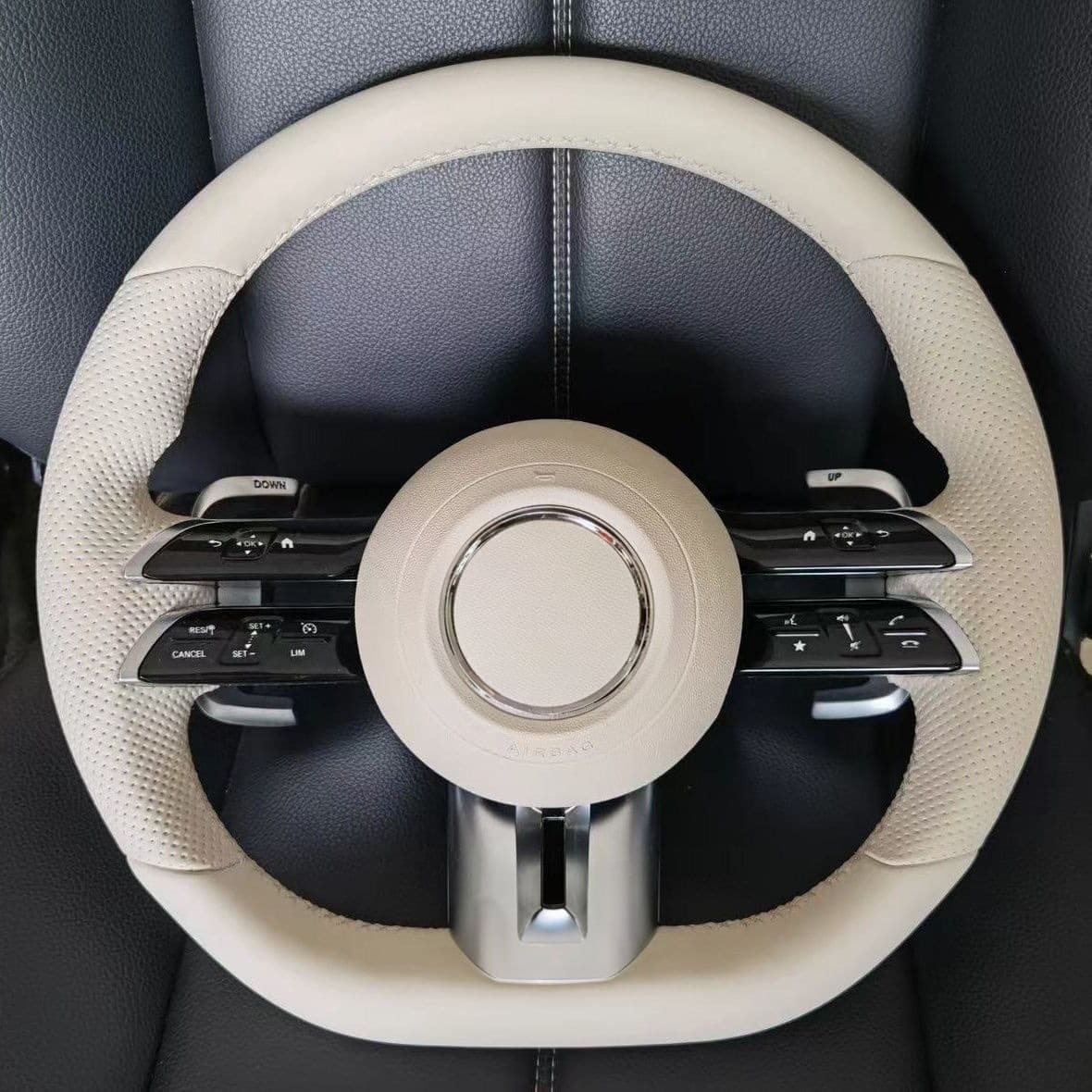 For Mercedes-Benz Retrofit to New AMG Steering Wheel, Beige Perforated Leather, Dragonfly Style Multi-function Buttons, Without
