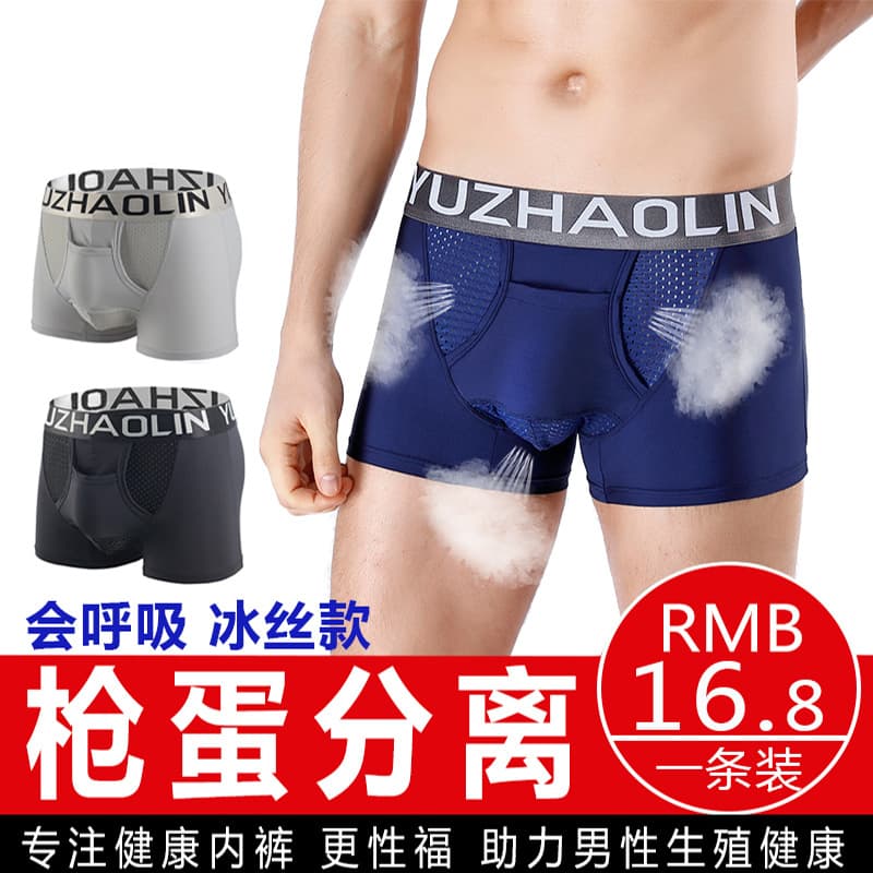 Bullet-Style Separating Men's Ice Silk Modal Underwear with Scrotum Support Pouch, Spermatic Cord, Breathable Boxer Briefs