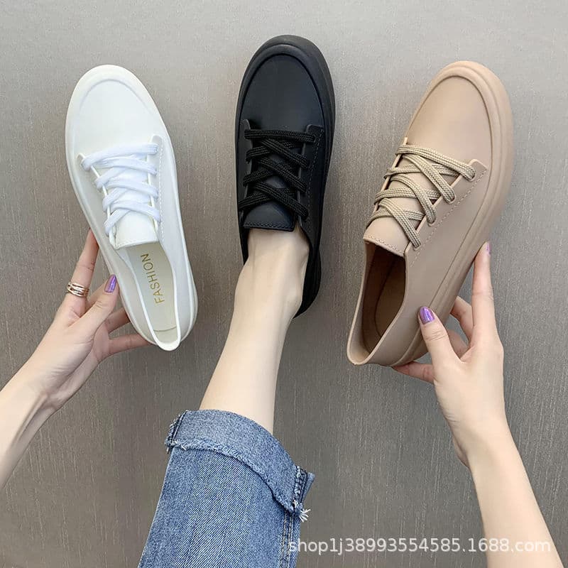 Women's Round Toe Flat Shoes Laced Student Rain Boots Waterproof Casual Shoes Korean Style Synthetic Leather Low Heel