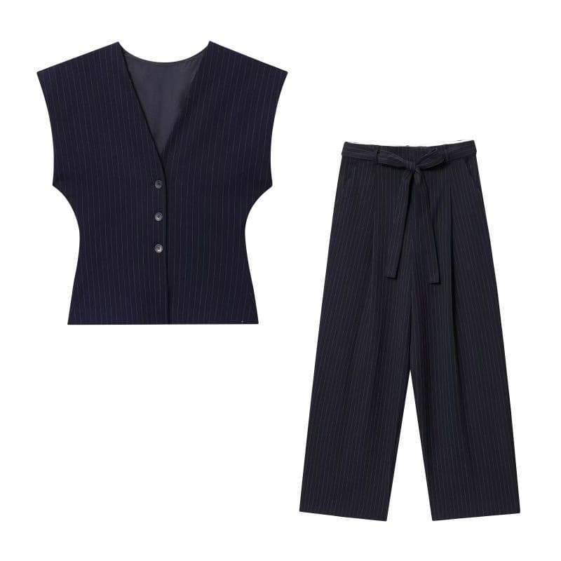 European & American Style Early Fall Fashion Casual Fine Stripe Vest + Belted Pleated Pants Dark Gray Top Women Other