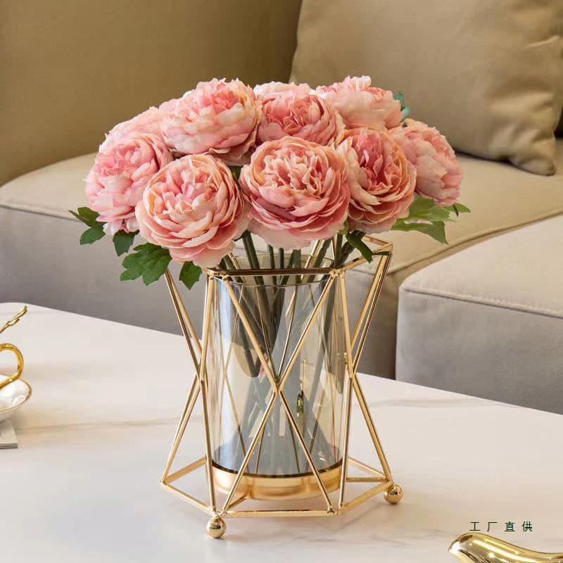 European-style light luxury metal glass vase floral arrangement, Nordic style living room dining table dried flower vase wine cabinet decoration ornament