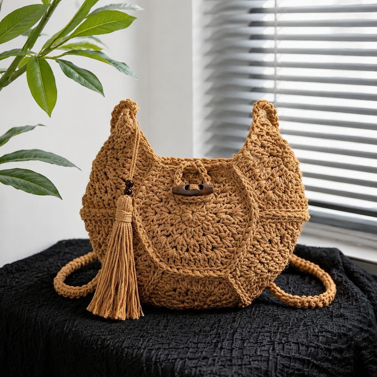 2026 New Fringe Woven Bag Vintage Horn Button Shoulder Bag Cotton String Crossbody Bag Beach Vacation Bag
