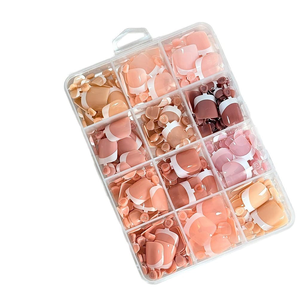 Cross-border 288pcs French White Edge Short Square Press-On Toenails, 12-Color Box Set, Vintage Simple Nail Art Toenails