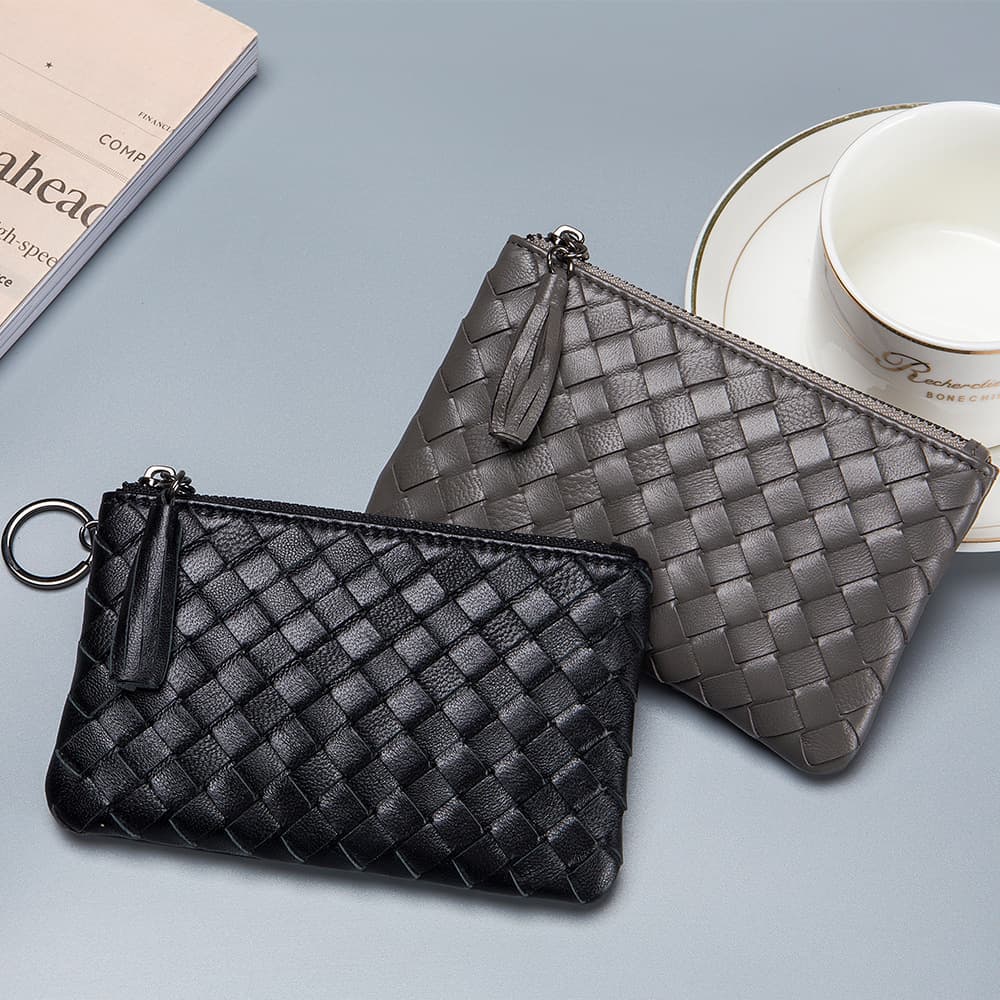 Genuine leather short woven coin purse women's sheepskin exquisite ultra-thin small wallet men's money bag storage bag high-end