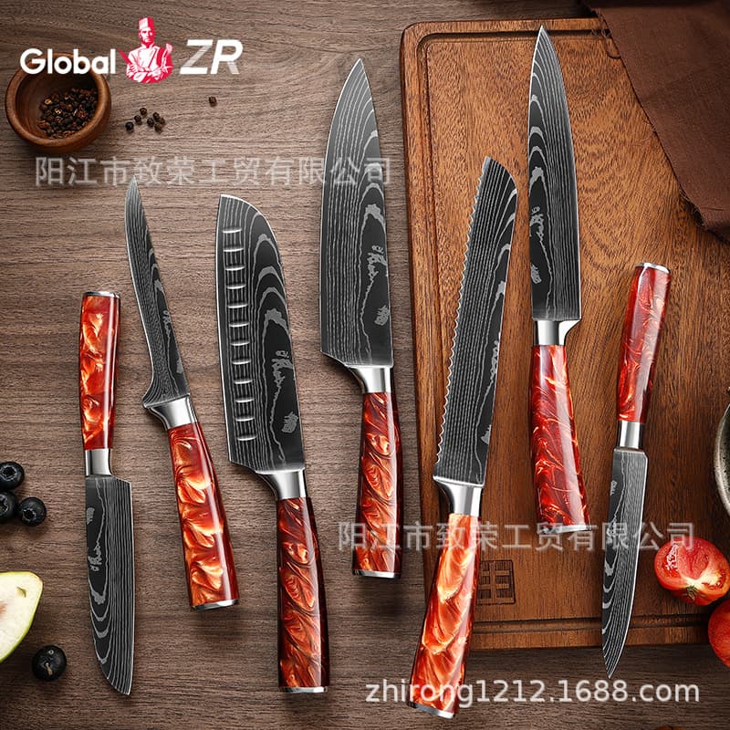 Manufacturer Wholesale Red Resin Damascus Steel Laser Pattern Set Meat and Slicing Knife Chef Knife Santoku Knife