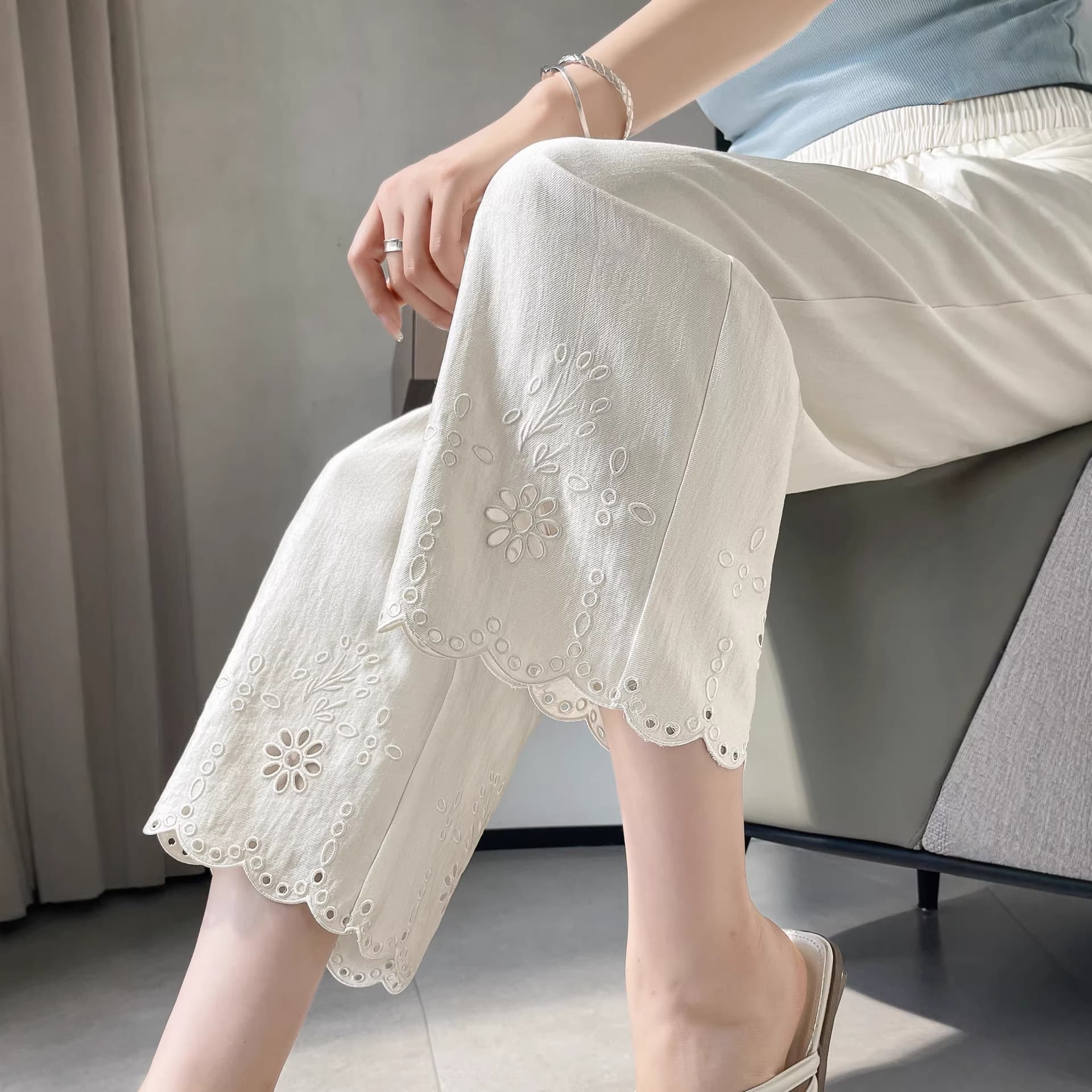 White Crochet Hollow-Out Thin Cropped Straight-Leg Pants for Women, 2026 New Style, Thin Lace Patchwork Casual Pants A11338
