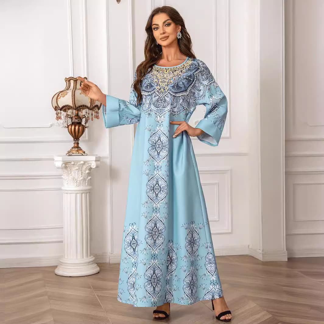Elegant Round Neck Dress ZD024 Muslim Printing Long Kaftan Abaya With Beadings Cross-Border Trade Version