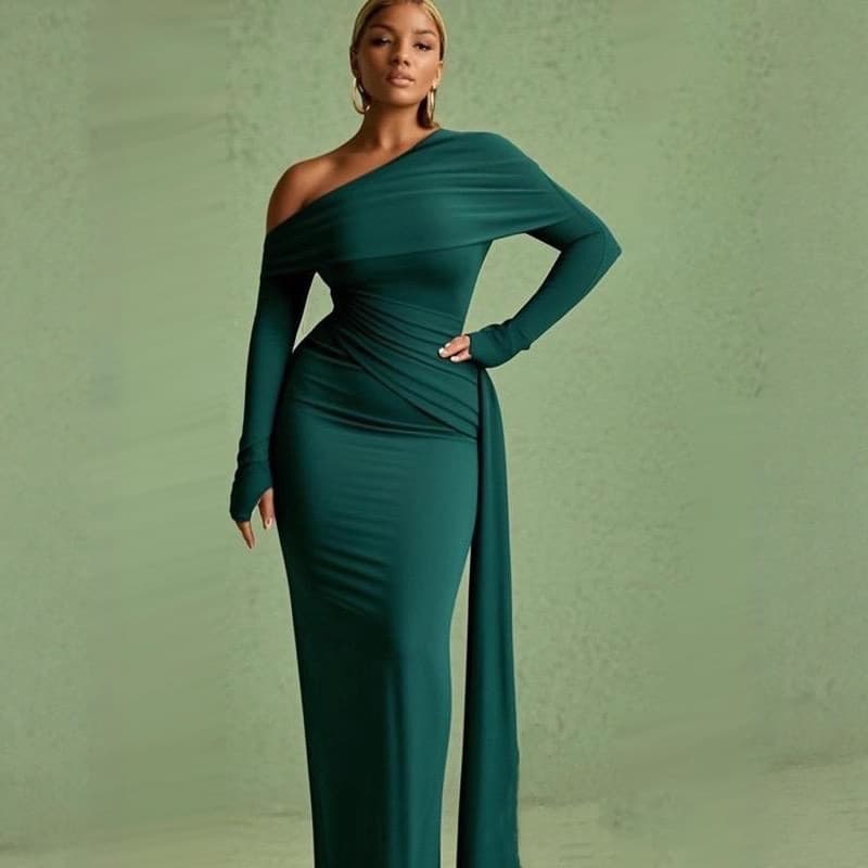 New European and American Solid Mesh One-Shoulder Asymmetric Dress, Sexy Waist-Hugging Bodycon Dress, Long Sleeve Elegant Dress for Cross-Border