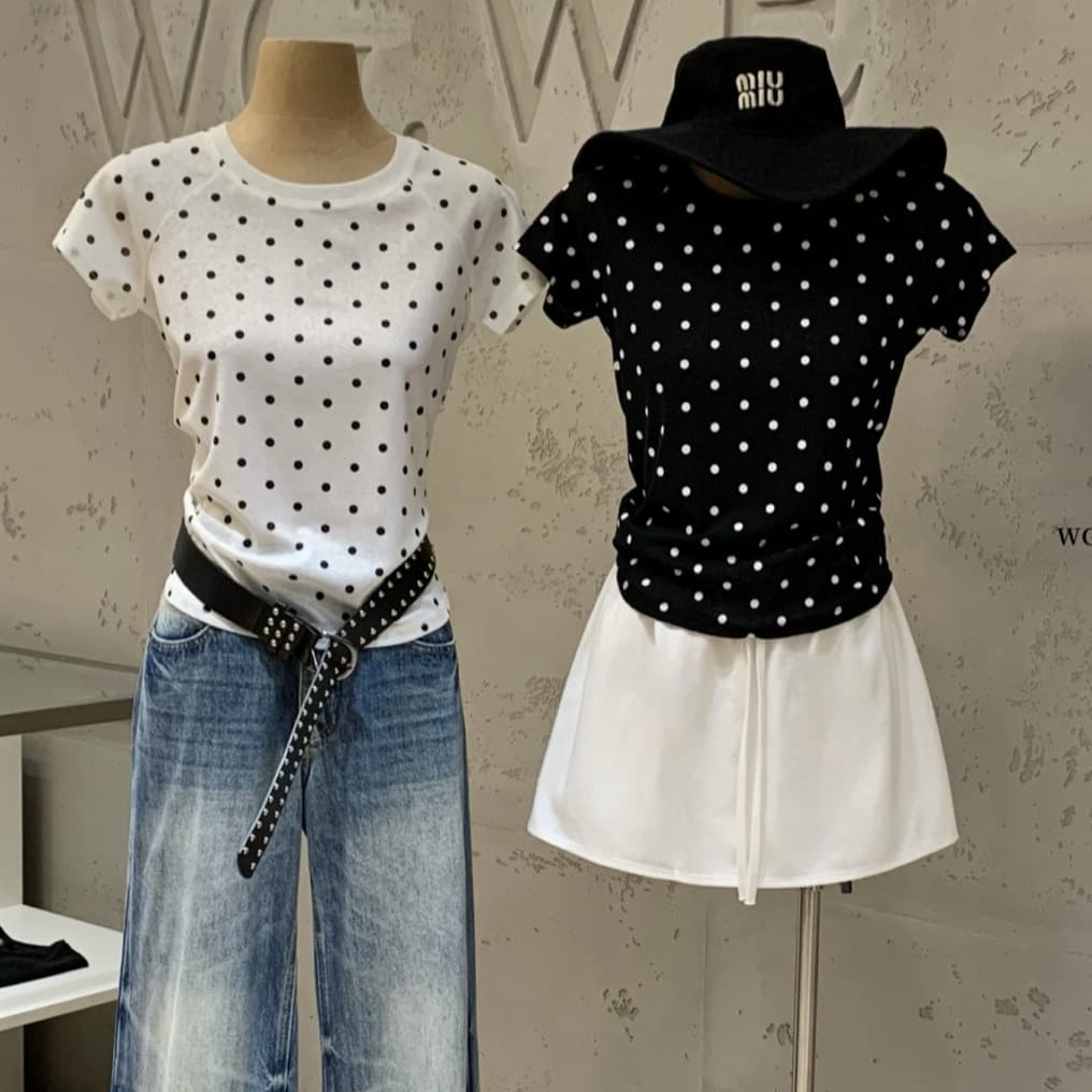 WGWE9680 New Women's Summer Short Sleeve T-Shirt, Korean Style Round Neck Polka Dot Waist Design Top from Guangzhou Thirteen Hong