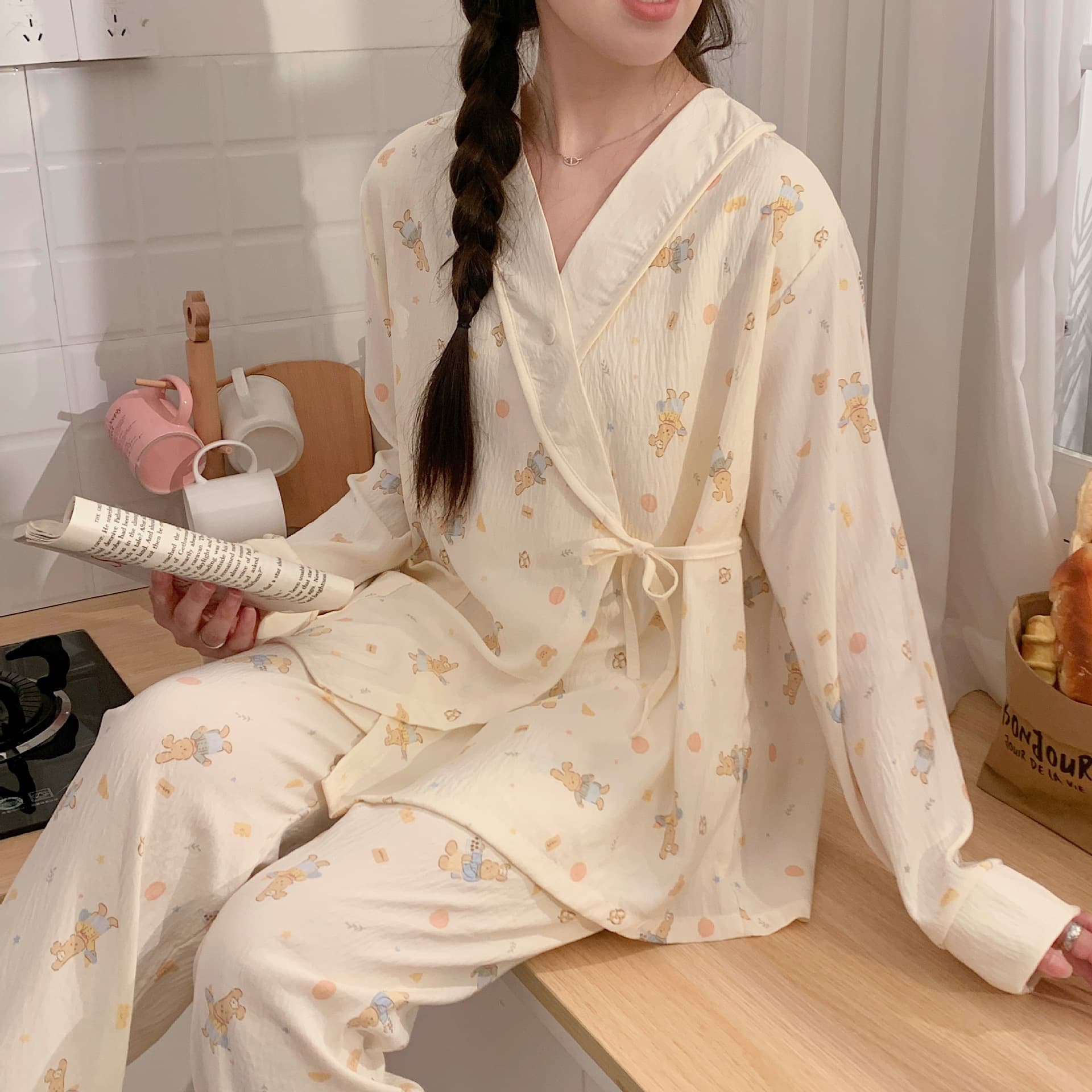2025 Summer 7 Thin Cloud Cotton Kimono Maternity Pajamas with Breast Pads Breastfeeding Postpartum Nursing Homewear 8
