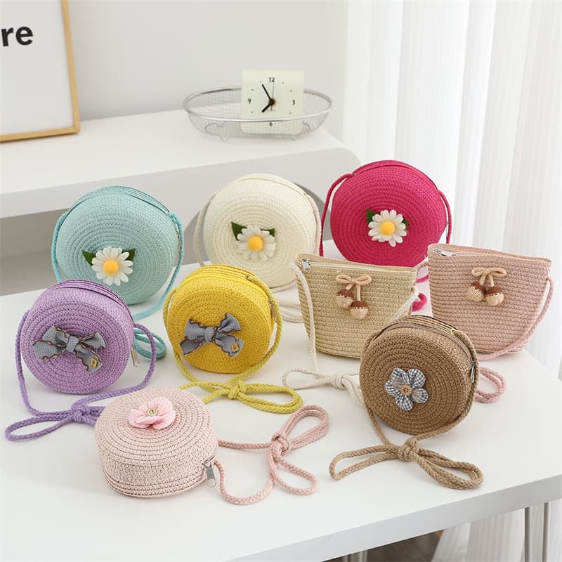 Summer seaside children's bag woven cute cherry with skirt holiday straw bag girls mobile phone crossbody small bag