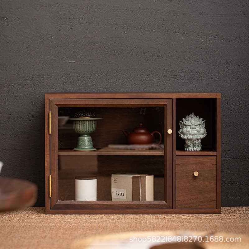 Walnut wood tabletop tea table storage cabinet, solid wood water cup, teapot, tea set storage rack, cup storage box, dustproof tea table