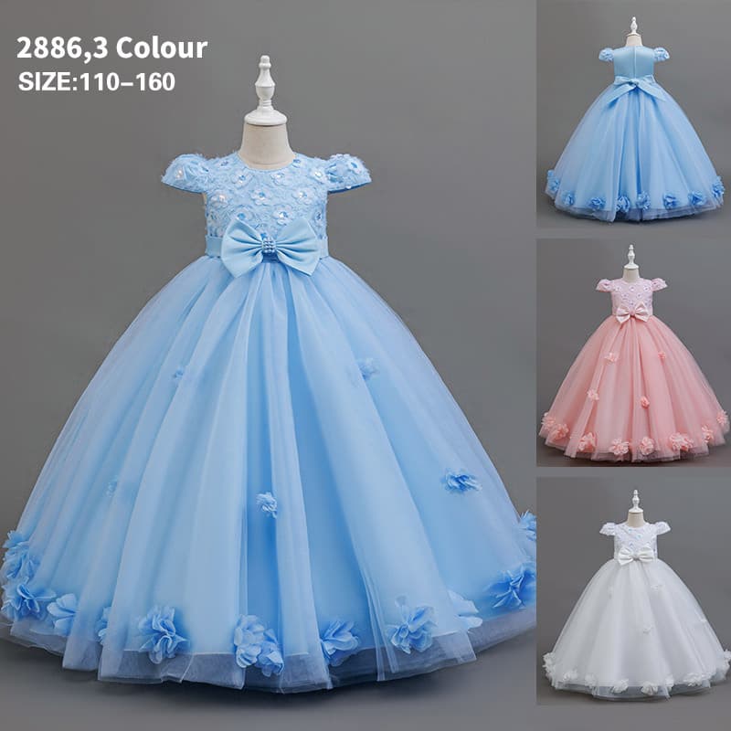 Foreign Trade Girls' Dress Mesh Long Half-Sleeved Embroidered Princess Dress Flower Girl Wedding Dress Elegant Girl Clothing Ready for Sale