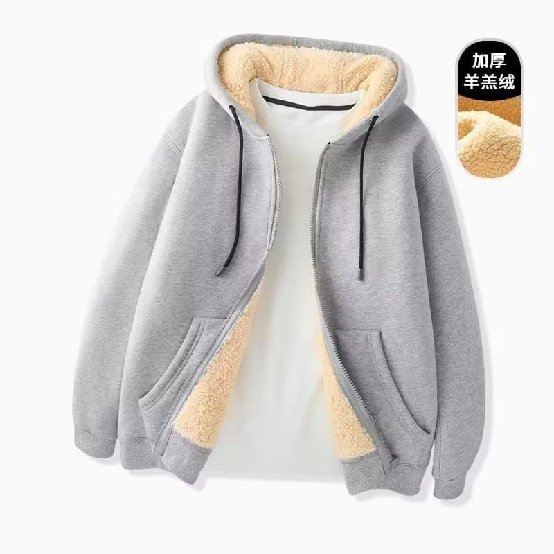 Solid Color Simple Lambswool Hooded Sweater Men's Autumn and Winter Fleece-Lined Thick Warm Cardigan Zipper Sportswear Jacket