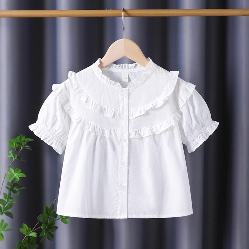 High-End Girls' Short-Sleeve Pure Cotton Blouse, White Summer Versatile Babydoll Top, Little Girl Summer Cardigan
