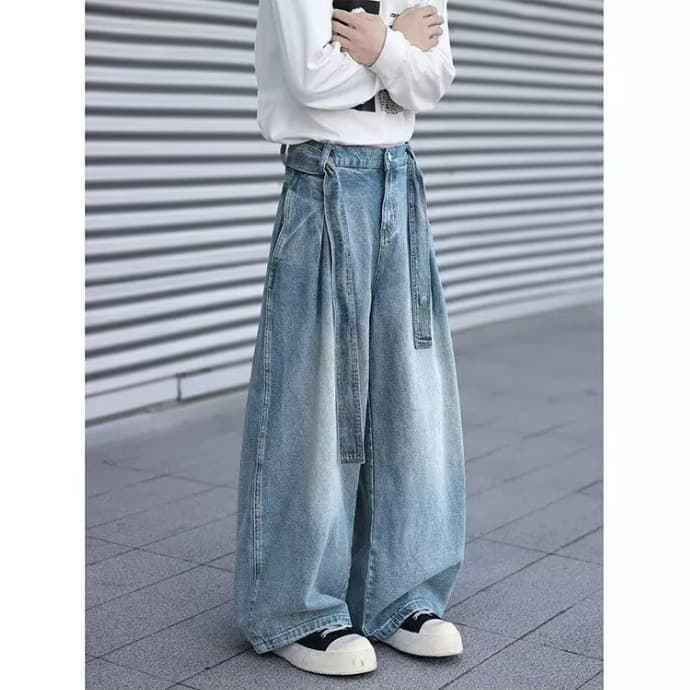 American Blue Wide-Leg Curved Knife Pants for Men, New Style with High-End American Retro Belt Design, Straight-Leg Jeans