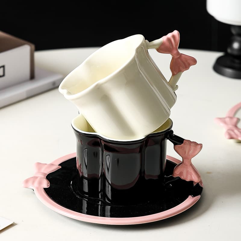 Cream Style Creative Flower Bow Mug Designer Afternoon Tea Pull Flower Cup Girl's Heart Coffee Cup Saucer