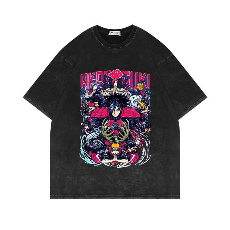 2024 New Washed Distressed Vintage Cotton Short Sleeve T-Shirt Naruto Anime American Oversize Cross-Border