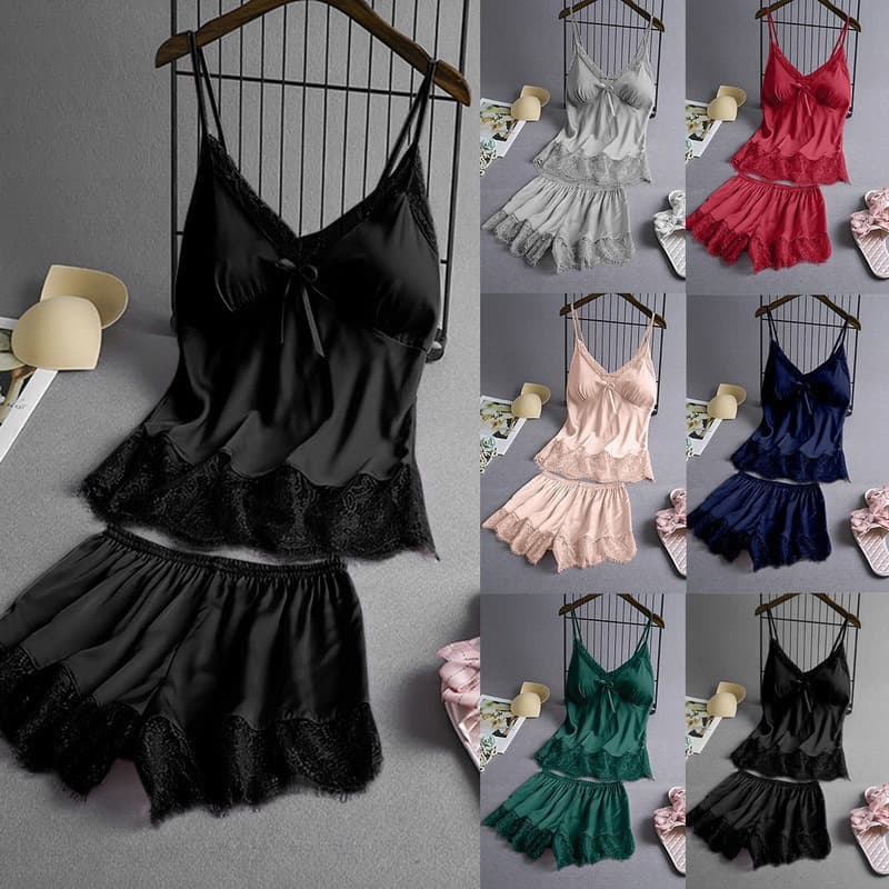 Women's Sleepwear Loungewear Two-Piece Set with Bra Cups New Style Camisole Lace Trim Satin Home Two-Piece Set