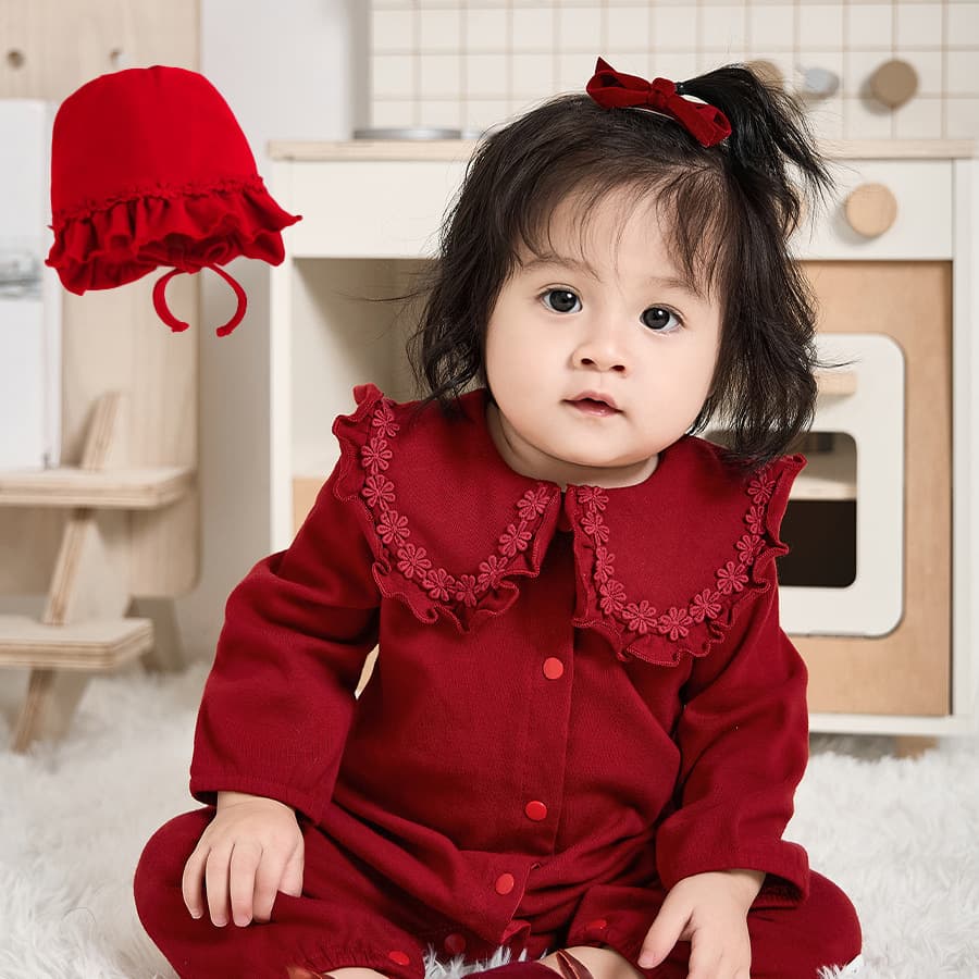 Autumn Baby Romper Girl's Red Moon Celebration Outfit 100 Days Old Baby Girl with Hat New Year Greeting Clothes Wholesale