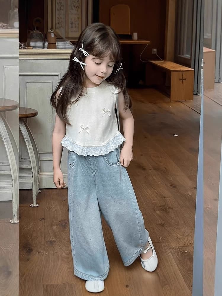 2026 Girls Korean Style Bow Vest Summer New Kids Sweet Lace Trim Sleeveless T-Shirt Top