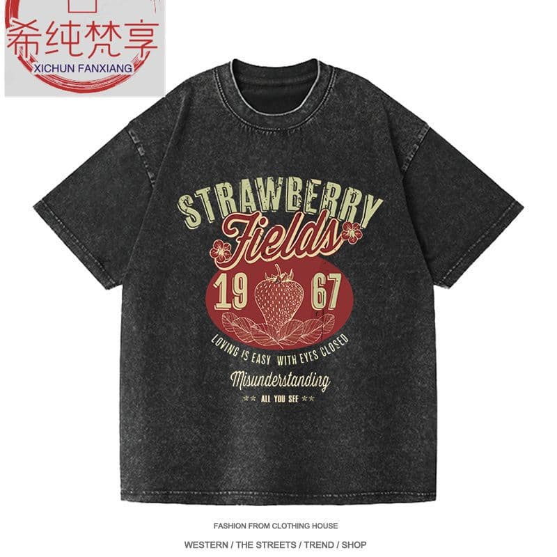Strawberry Fields Forever Beatles Washed Distressed Short Sleeve Cotton Loose Fit Digital Direct Print Rock T-Shirt
