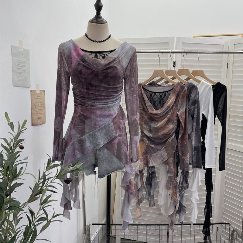 Real shot Cowl neck tie-dye mesh lace patchwork long-sleeve base layer top irregular ribbon design T-shirt 1322