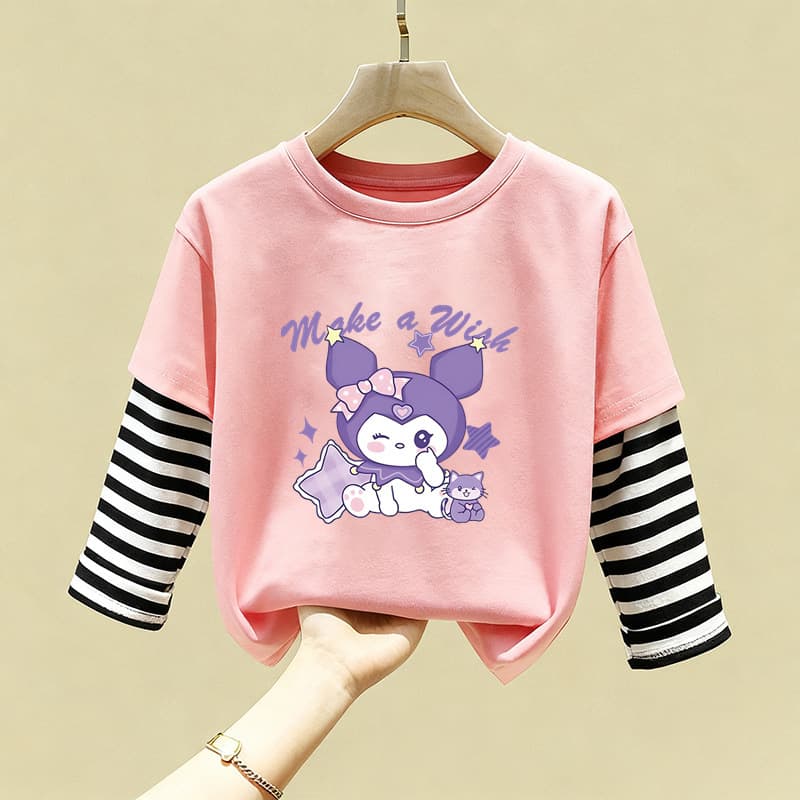 100% cotton girls' Kuromi long-sleeved T-shirt girl's baby patchwork top cartoon fake two-piece bottoming shirt T-shirt