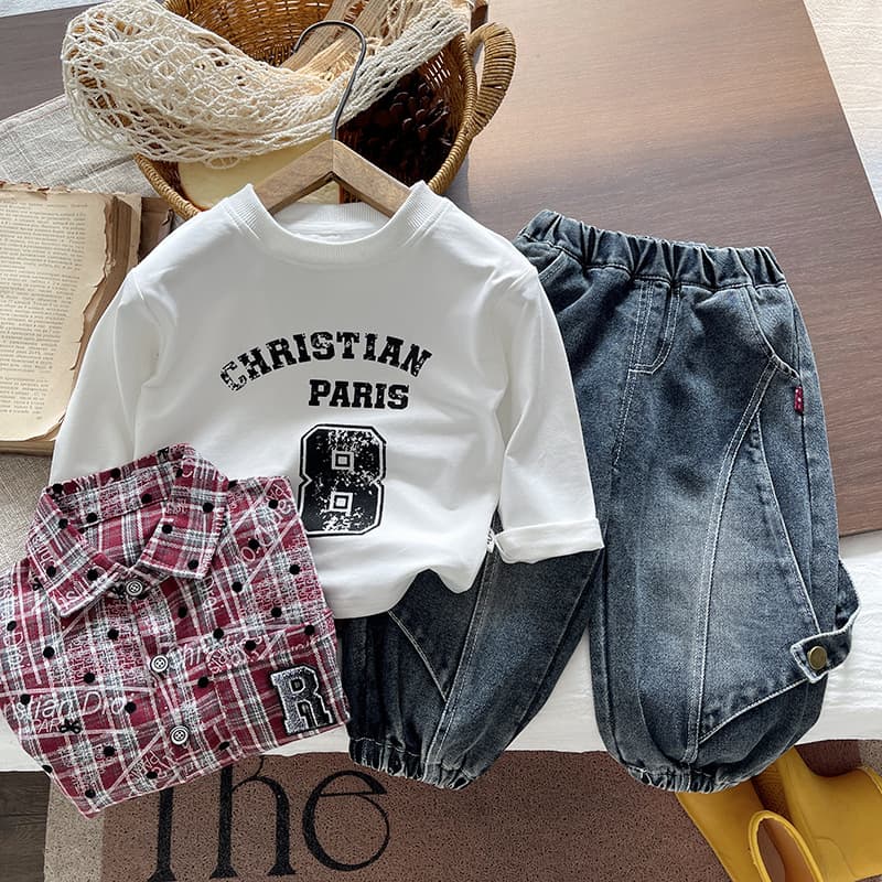 Boy's Fall Outfit Set 2026 New Plaid Shirt & Jeans Three-Piece Baby Boy Stylish Clothes Wholesale