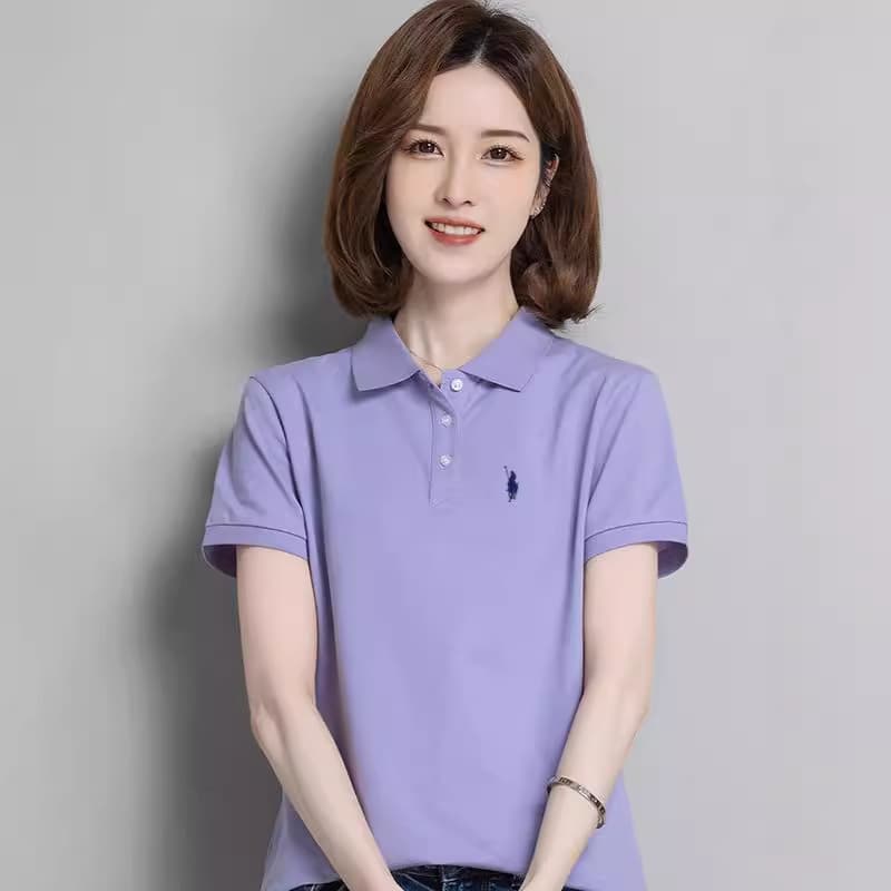 Women's pure cotton polo shirt with collar, short sleeves, loose fit, embroidered collar, work uniform, cultural shirt, little horse.