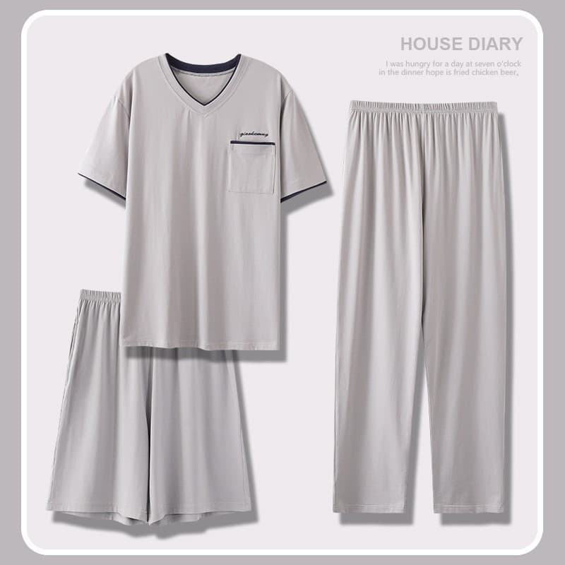 Three-Piece Modal Sleepwear Set for Men Summer Thin Short Sleeve Long Pants Cotton Silk Home Clothes V-Neck Comfortable Breathable