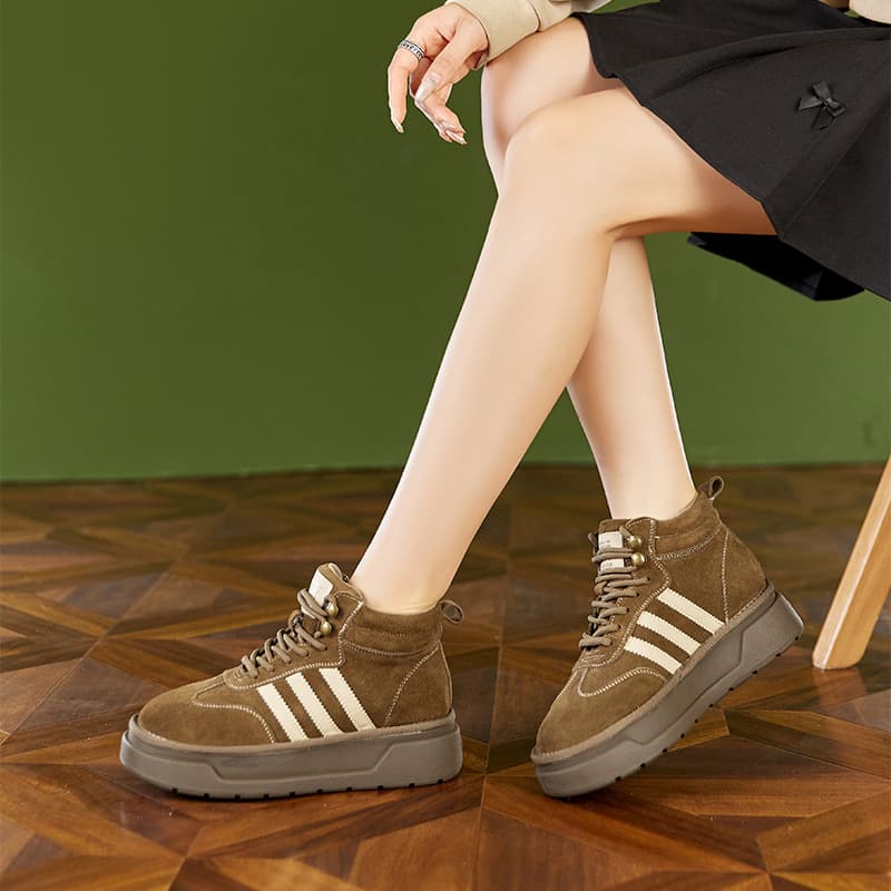 Retro Sports Suede Genuine Leather Training Shoes Women's Wear-Resistant Mid-Top Thickened Fleece-Lined Casual Shoes Color-Block Agate Shoes