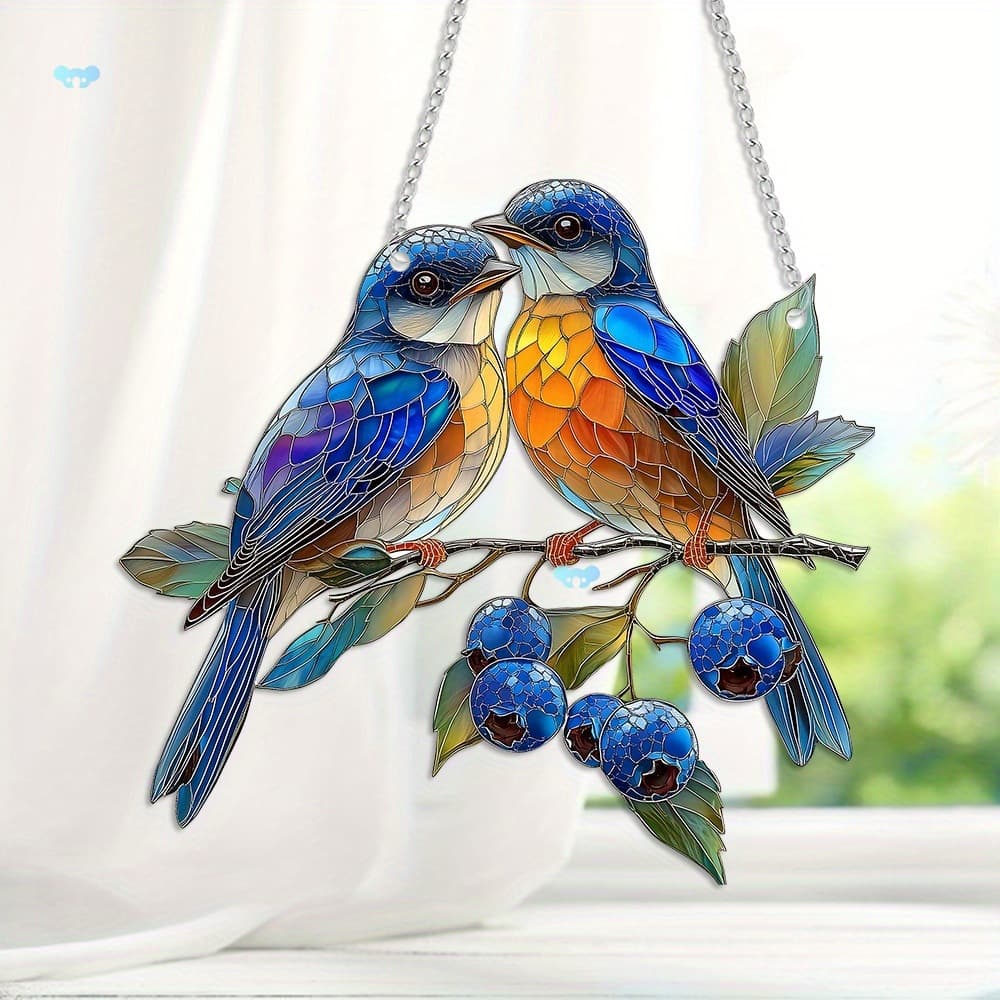 1pc Blue Tit Suncatcher 2D Flat Acrylic Two Birds Window Hanging